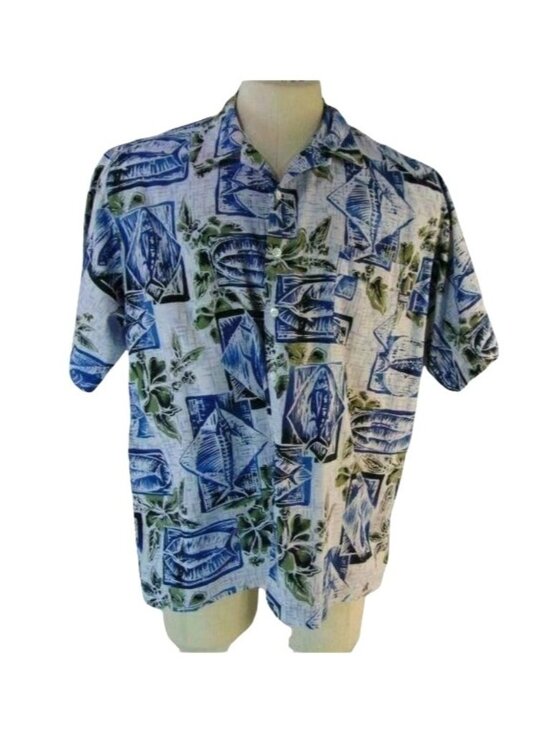 K2 Other - Vintage K2 Surf Mens Hawaiian Shirt L Blue White Marlin Fish Block Print Cotton